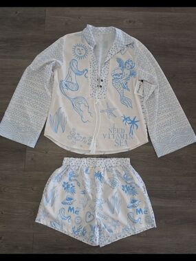 White & Light Blue 'Need Vitamin Sea' Two-Piece Set